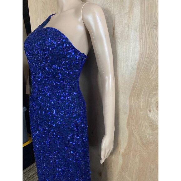 1990s Scala Royal Blue Sequin One Shoulder Gown Open Back Evening Dress Sz M - Picture 15 of 16